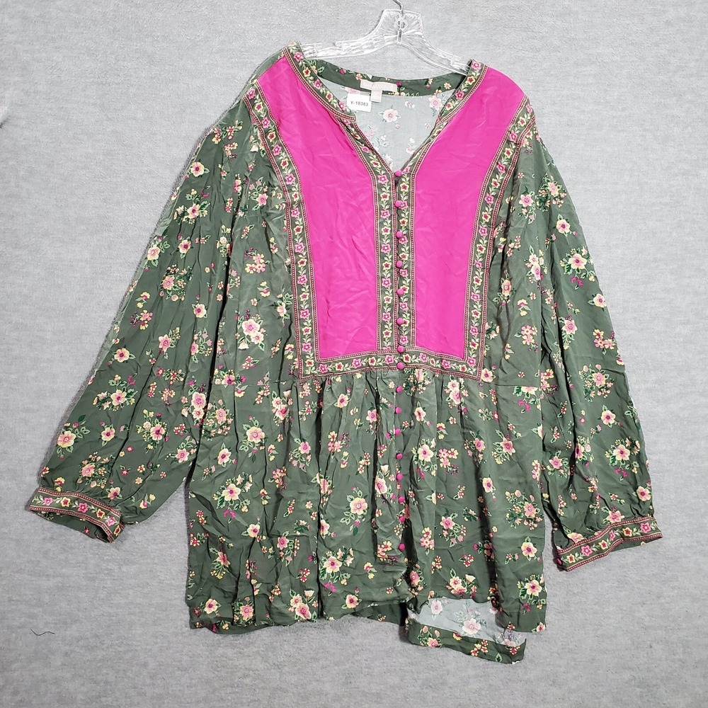 Woman Within Women Top 5X Green‎ Floral Blouse Boho V Neck Balloon Sleeve